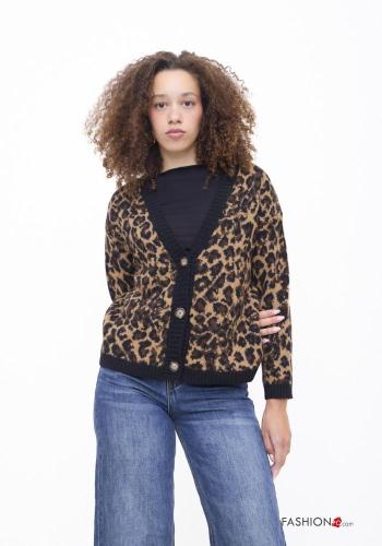 Chaqueta de punto Estampado animal con botones con cuello en v
