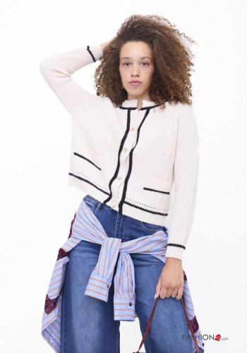 Chaqueta de punto de Mezcla de Lana cuello redondo a rayas con botones con bolsillos - ph 1
