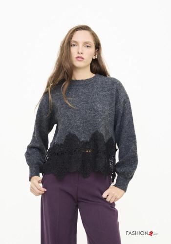 Jersey de Mezcla de Lana encaje cuello redondo