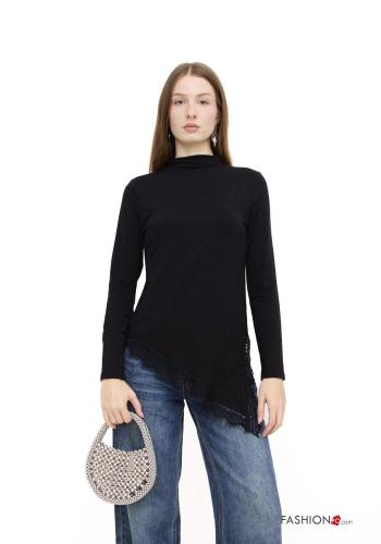 Embroidered lace trim Long sleeved top Rollneck - ph 1