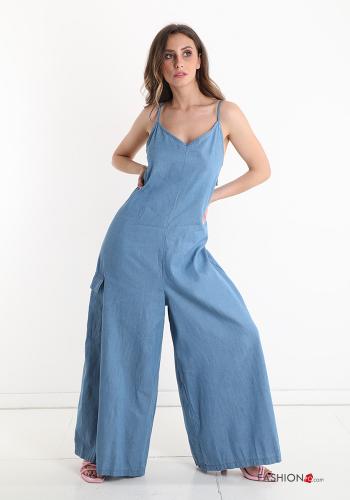 Salopette en Coton sans manches en denim wide leg à col en V - ph 2