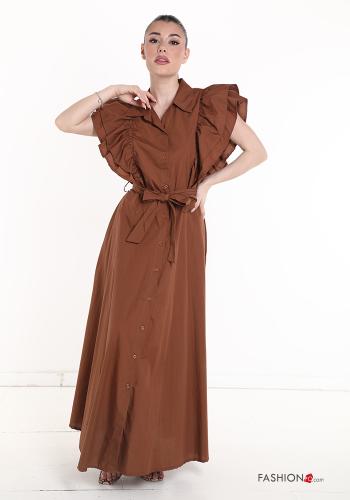 Robe chemise en Coton manches à volant longue avec ceinture écharpe - ph 1