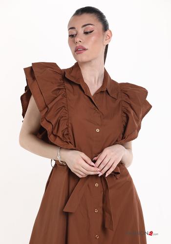 Robe chemise en Coton manches à volant longue avec ceinture écharpe - ph 5
