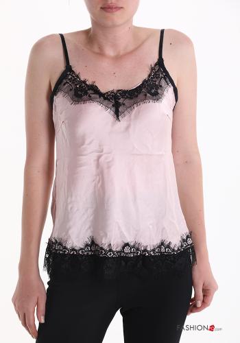 lace trim Tank-Top with v-neck