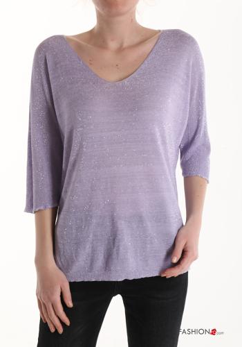 Lurex Strickpullover mit V-Ausschnitt 3/4 ärmel