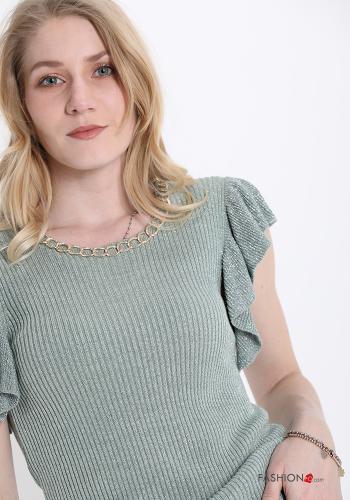 lurex ruffle sleeve T-shirt with chain - ph 4