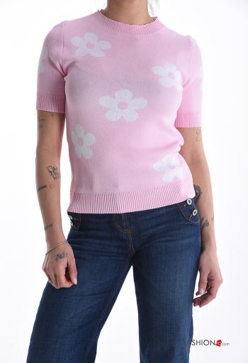 Blumenmuster kurze ärmel u-boot ausschnitt Strickpullover