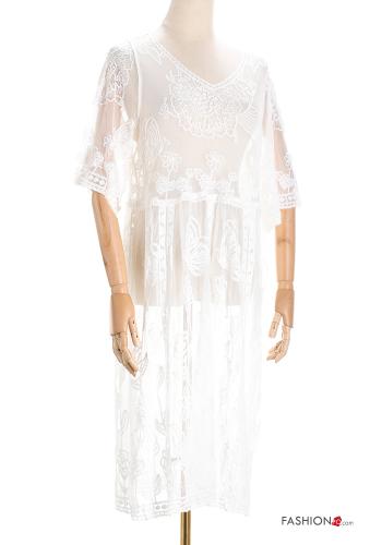 Tunique de plage à genoux à broderie à col en V manches à trois-quarts