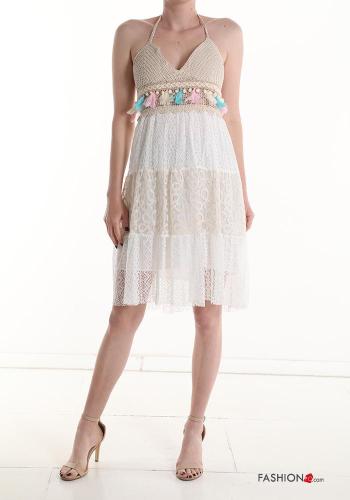 Abito in Cotone scollato sulla schiena corto pizzo senza maniche Fantasia ricamata con balze
