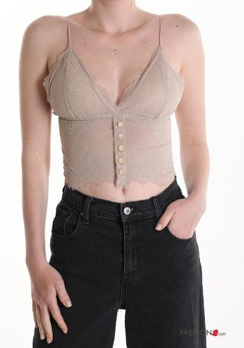 Top pizzo senza maniche con bottoni scollo a V