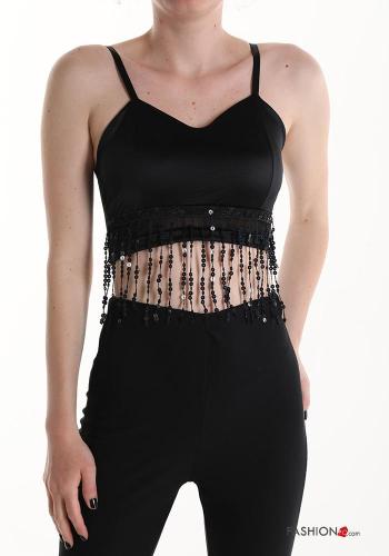 Top corto senza maniche scollato sulla schiena con coppe con paillettes con frange