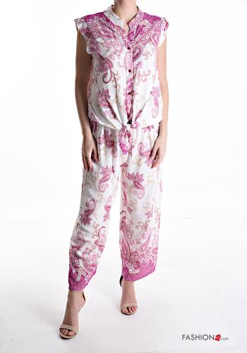 Paisley-print short sleeve wide leg Co-ord with belt with buttons