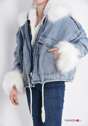 Giacca denim pelliccia sintetica con fiocco con tasche con zip - ph 1