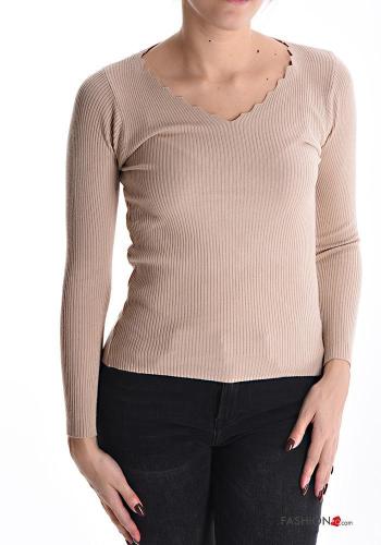 Jersey canalé manga larga con cuello en v