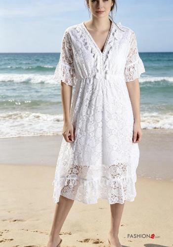 Robe en Coton manches courtes détail dentelle manches à volant à col en V - ph 1