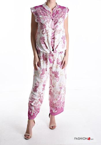kurze ärmel wide leg zweiteilige Set mit Gürtel mit Knöpfen