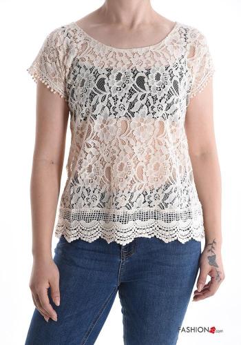 short sleeve crew neck lace trim Top