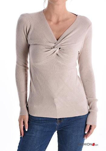 Ribbed long sleeve Sweater with v-neck with knot