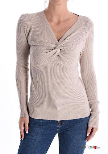 Maglione costine maniche lunghe scollo a V con nodo