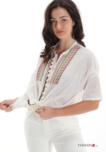Camicia in Cotone Fantasia ricamata con fiocco con frange - ph 1