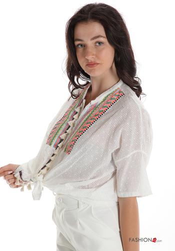 Camicia in Cotone Fantasia ricamata con fiocco con frange - ph 3