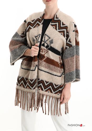 Geometric pattern Wool Mix Poncho with fringe - ph 1