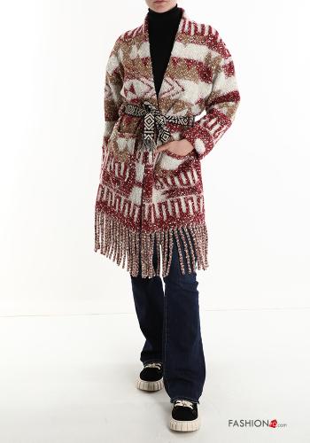 Cappotto Fantasia geometrica con tasche con cintura con frange