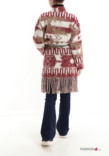 Cappotto Fantasia geometrica con tasche con cintura con frange - ph 2
