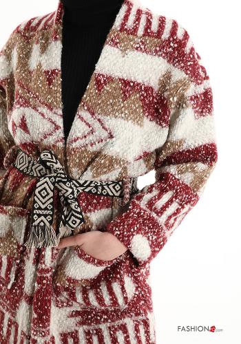 Cappotto Fantasia geometrica con tasche con cintura con frange - ph 4