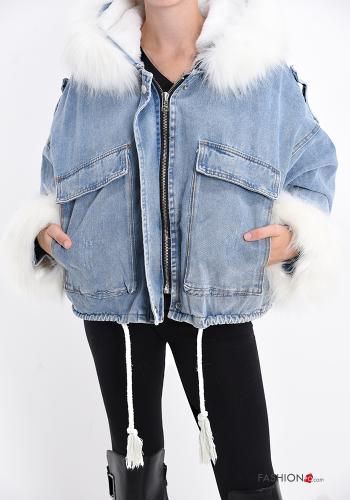 Denim Kunstfell Jacke mit Taschen mit Reißverschluss mit Schleife