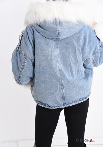 Veste en denim fourrure synthétique avec poches avec fermeture éclair avec noeud - ph 2