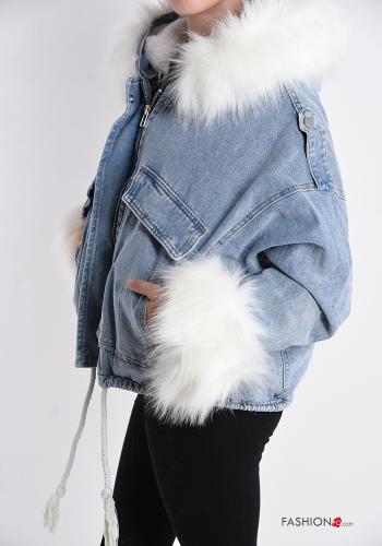 Veste en denim fourrure synthétique avec poches avec fermeture éclair avec noeud - ph 3