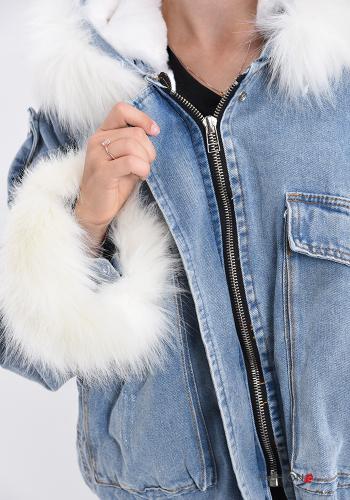 Veste en denim fourrure synthétique avec poches avec fermeture éclair avec noeud - ph 4