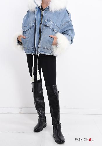 Veste en denim fourrure synthétique avec poches avec fermeture éclair avec noeud - ph 5