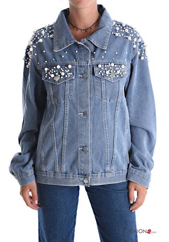 denim Cotton Jacket with buttons with pockets with rhinestones with pearls