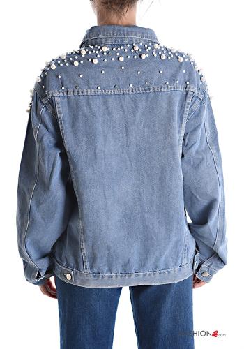 Veste en Coton en denim avec poches à boutons avec strass avec des perles - ph 2