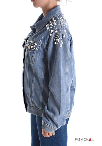 Veste en Coton en denim avec poches à boutons avec strass avec des perles - ph 3