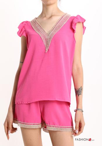 lace trim Blouse with v-neck with zip - ph 1