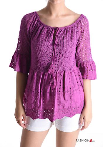 Blusa de Algodón manga tres cuartos bordado inglés - ph 1