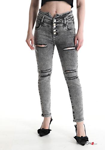 skinny zerrissene destroyed Jeans aus Baumwolle mit Knöpfen mit Taschen