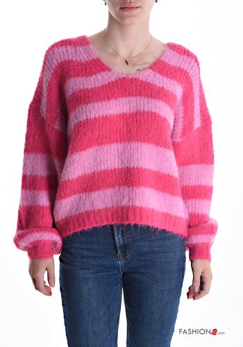 Maglione in Misto Lana Fantasia righe scollo a V