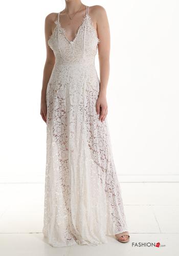 sleeveless long lace trim Cotton Dress with v-neck