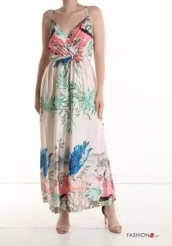 Patterned sleeveless long Dress with v-neck with sash