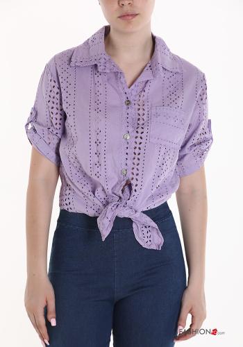 Top in Cotone maniche corte in pizzo sangallo con bottoni con nodo - ph 1