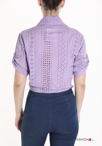 Top in Cotone maniche corte in pizzo sangallo con bottoni con nodo - ph 2