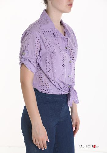 Top in Cotone maniche corte in pizzo sangallo con bottoni con nodo - ph 3