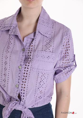 Top in Cotone maniche corte in pizzo sangallo con bottoni con nodo - ph 4