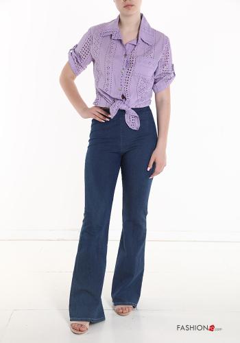 Top in Cotone maniche corte in pizzo sangallo con bottoni con nodo - ph 5