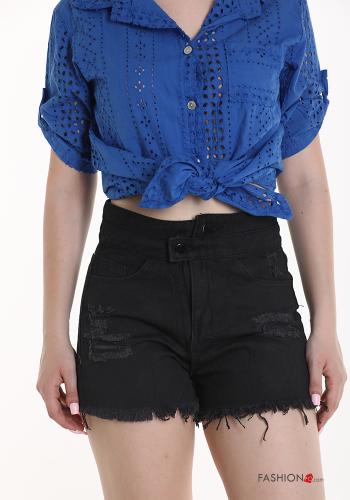 Pantaloncino Short in Cotone denim con tasche con frange - ph 4