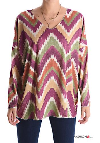 Chevron print lurex Long sleeved top with v-neck